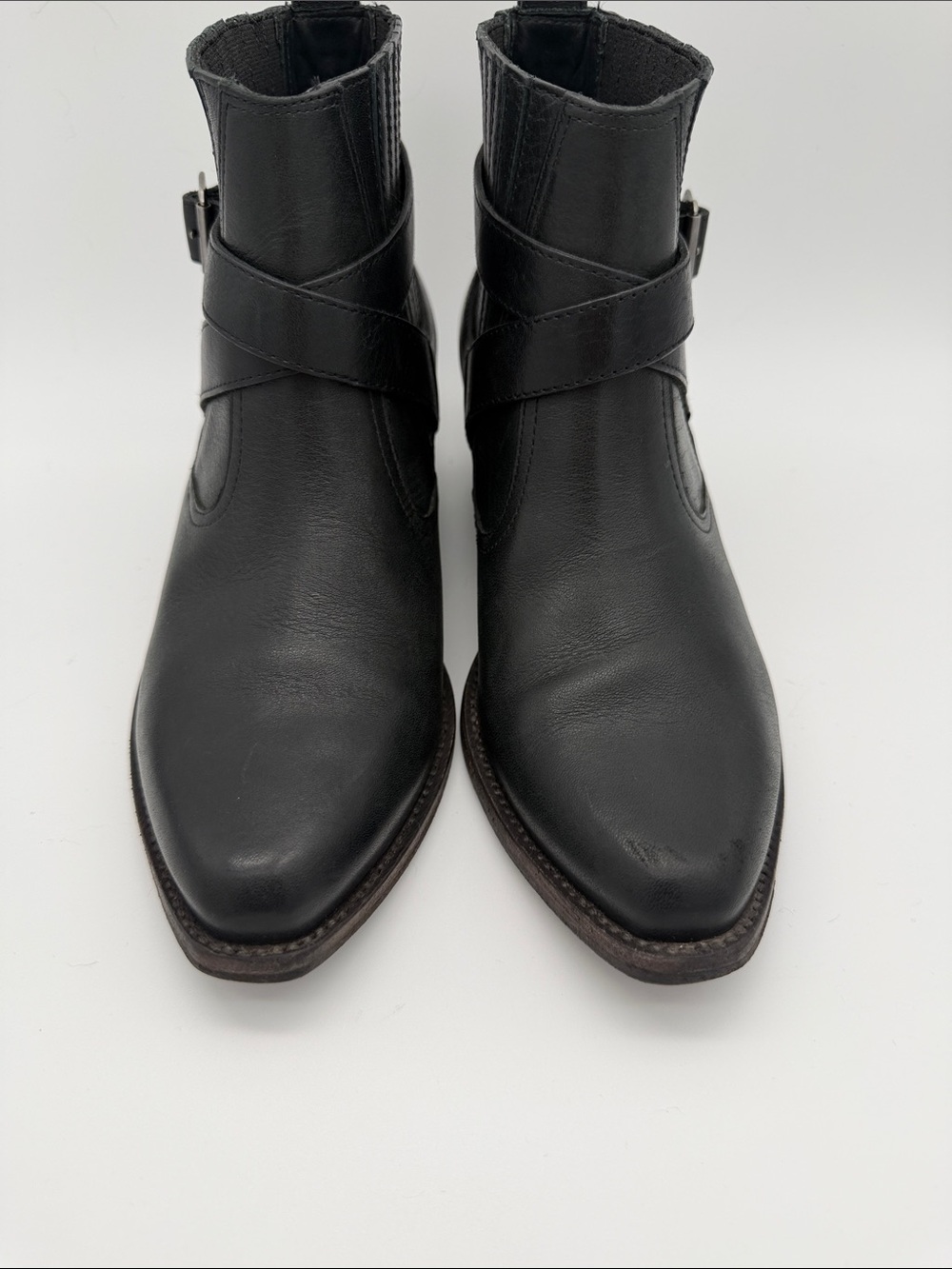 All Saints Western Style Ankle Booties Black Leather Boots Belt Sz 8 Pointed Toe - Picture 9 of 16